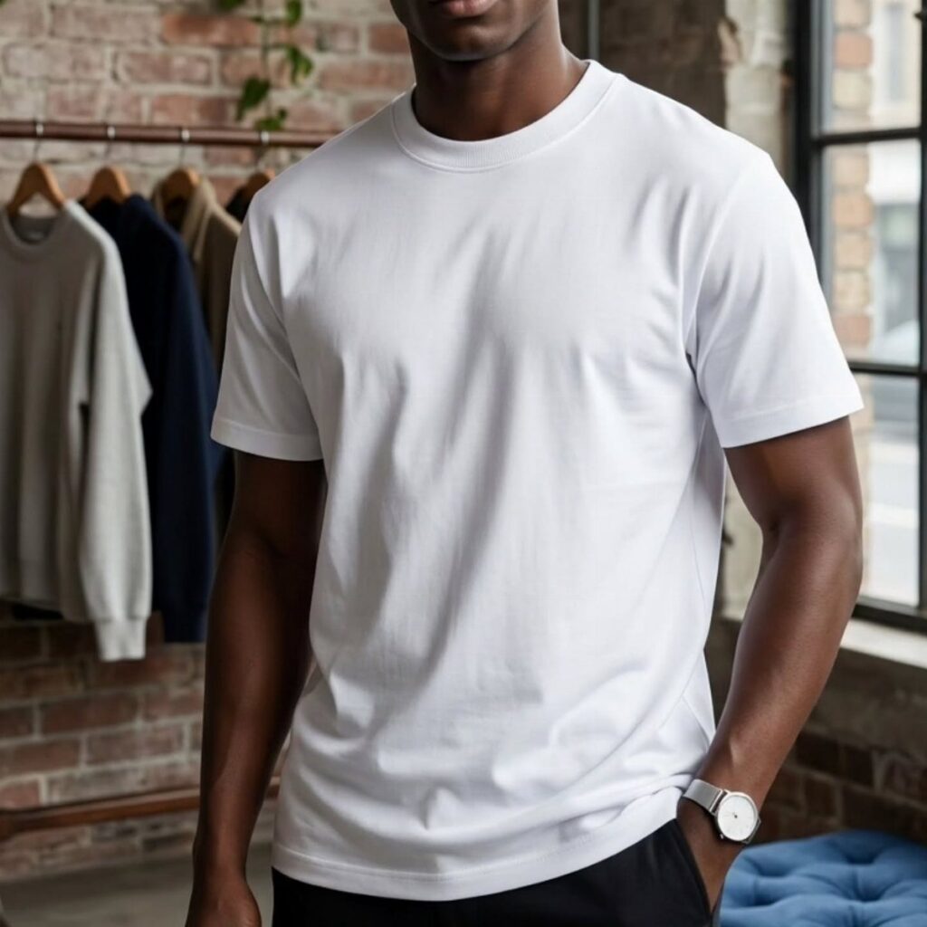 Man wearing a plain white crew neck t-shirt in a brick-walled room.