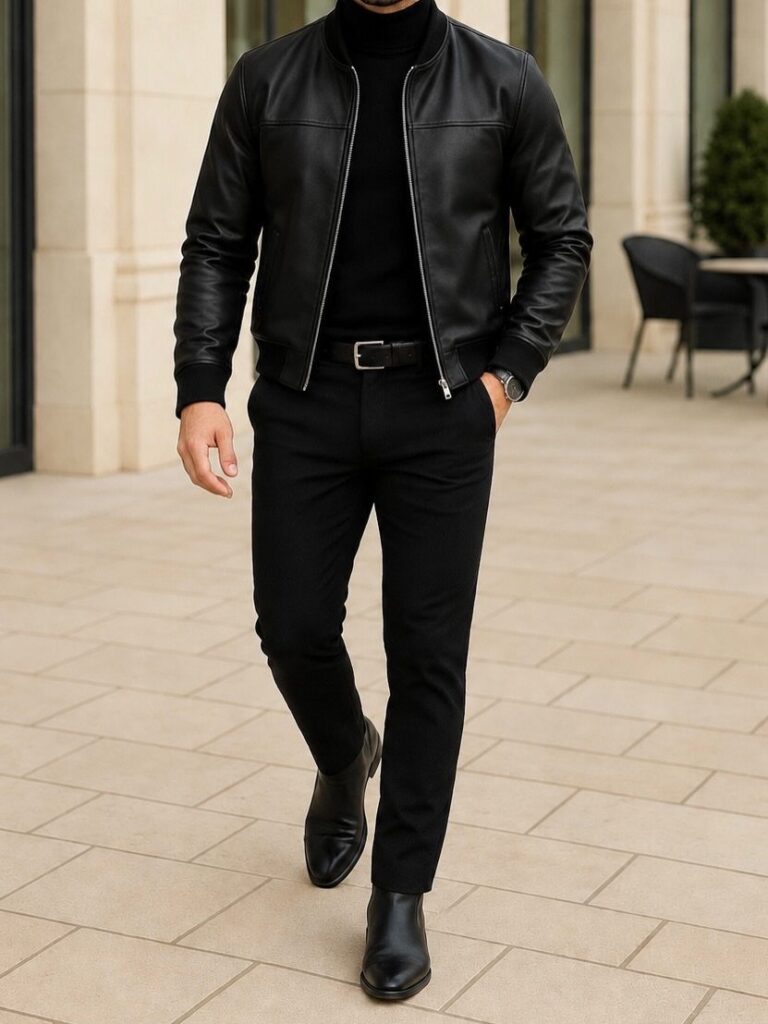 Man wearing a black leather bomber jacket over a black turtleneck and trousers.