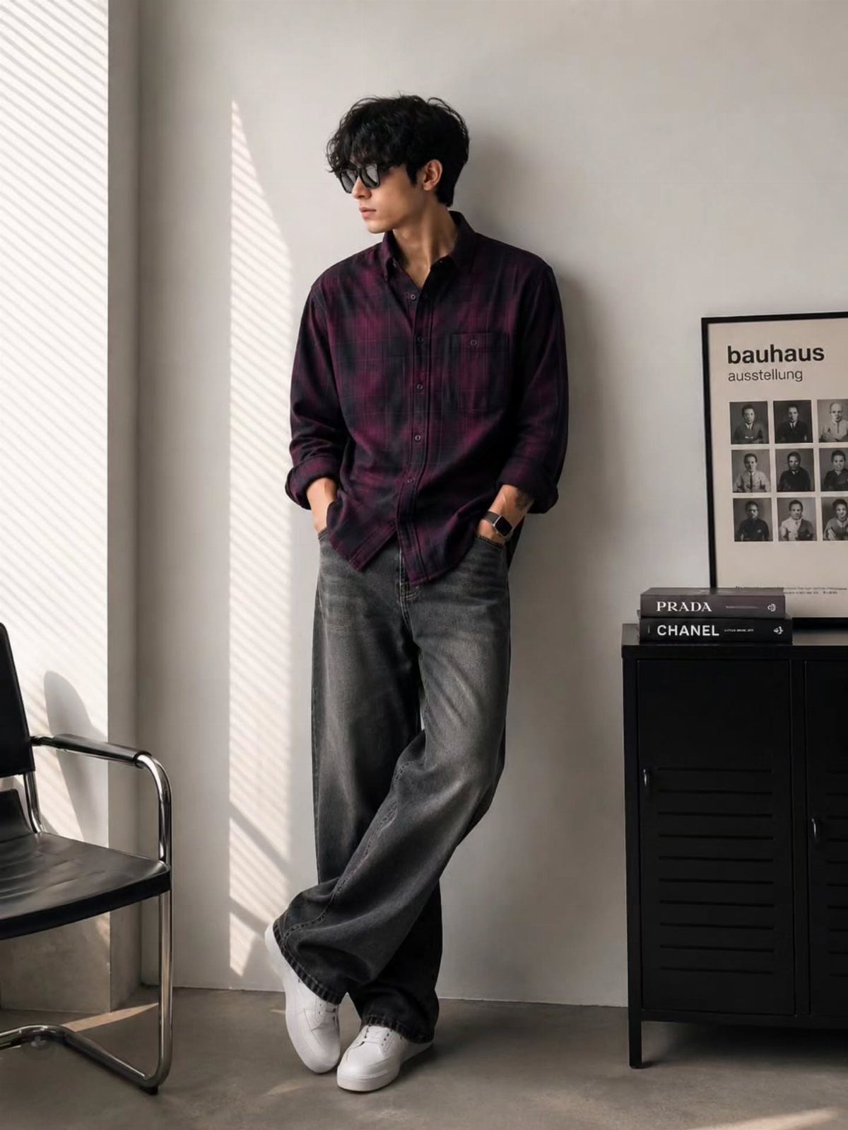 Man wearing a purple shirt, baggy grey jeans, and white sneakers standing indoors.