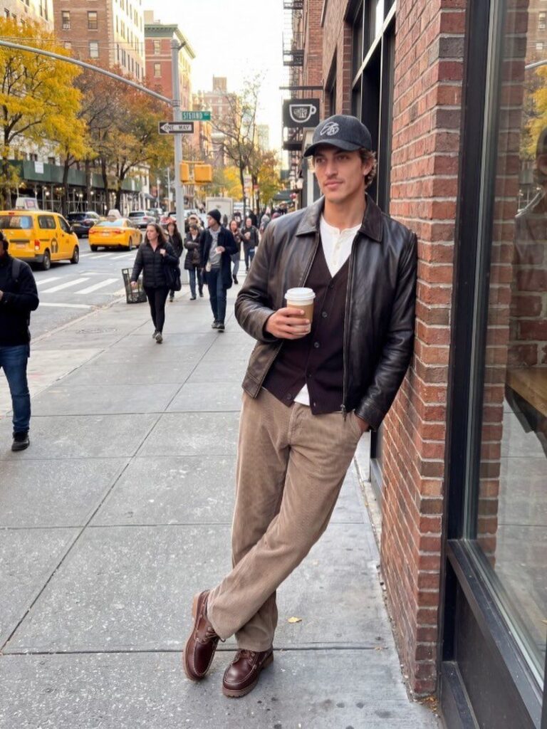Man in tan corduroy pants and black leather jacket leaning against brick wall