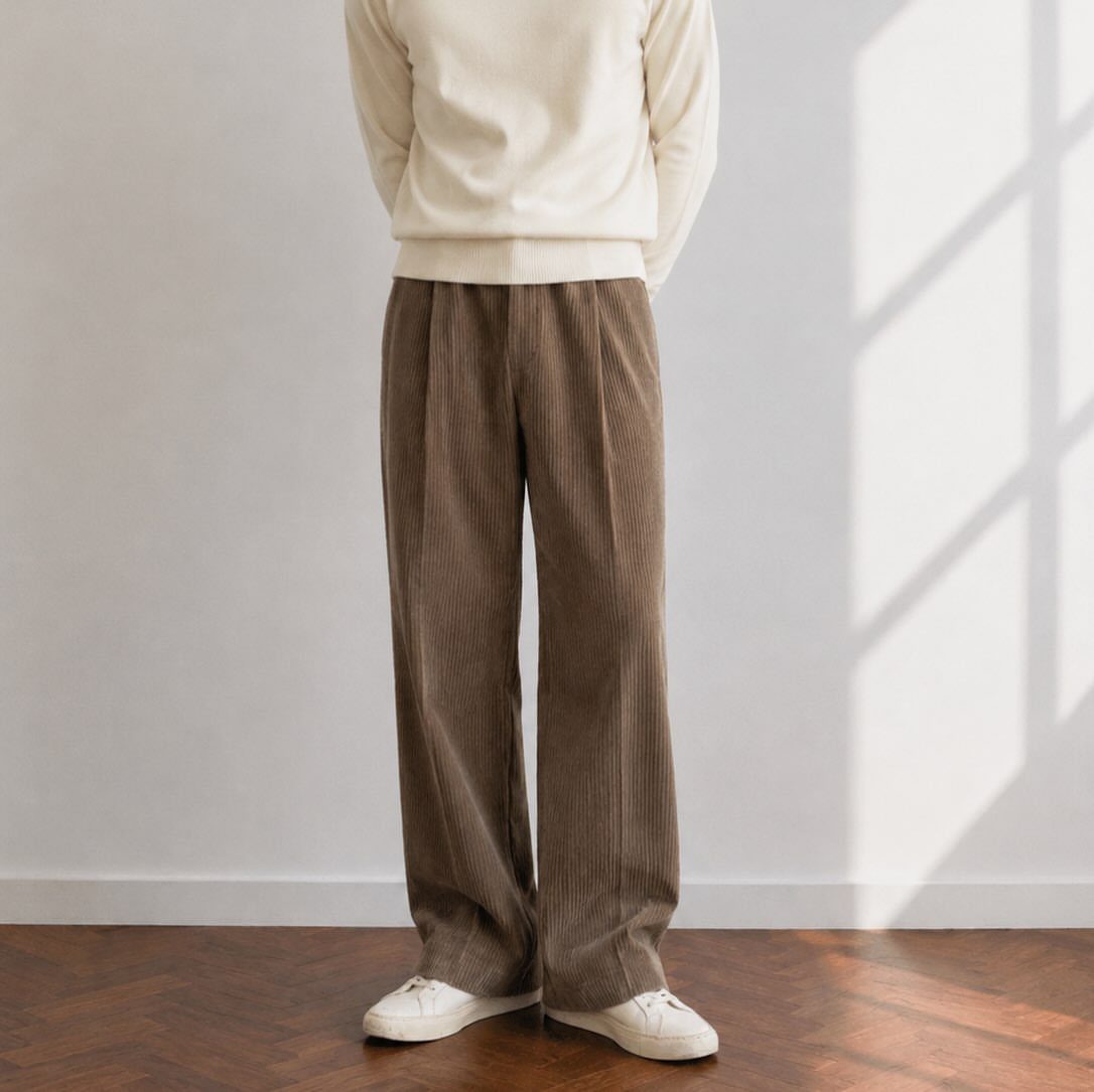 Person wearing brown wide-leg corduroy pants, cream top, and white sneakers.