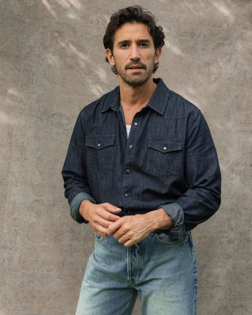 Man wearing a dark blue denim shirt and light blue jeans against grey wall