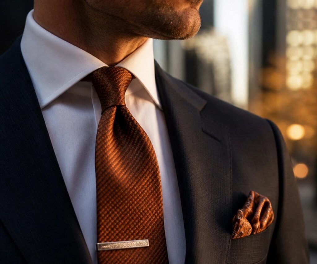 Brown textured tie and matching pocket square paired with a navy suit jacket.