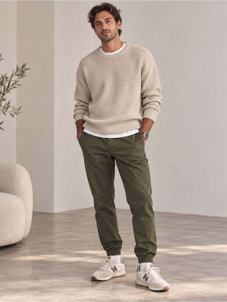 Man wearing a beige sweater and olive green joggers with white sneakers.