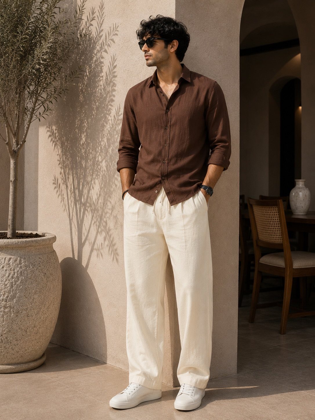 Man wearing a brown shirt and wide-leg off-white linen pants with white sneakers.