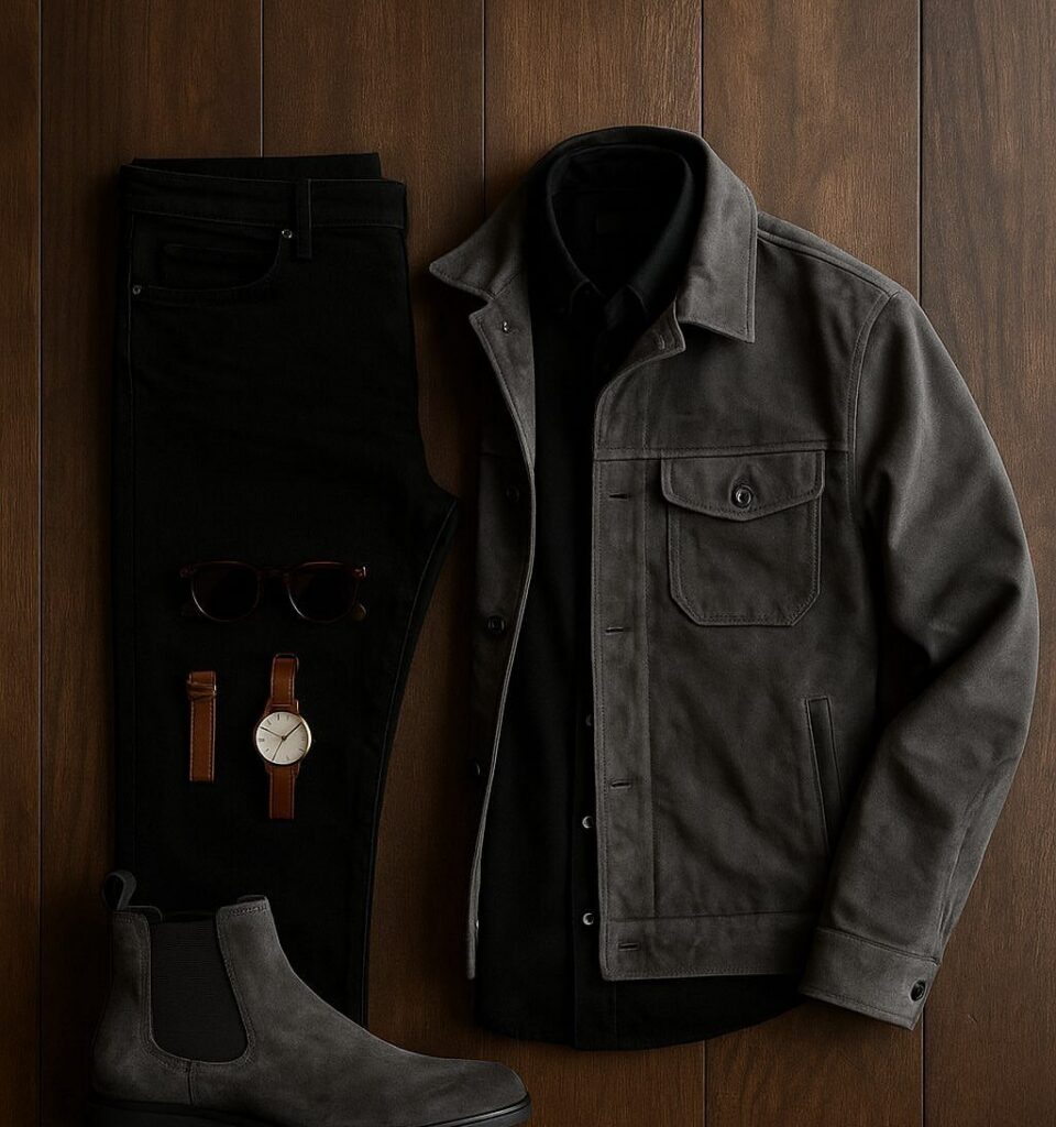 Men's casual dress outfit featuring a grey jacket, black shirt, and black trousers.