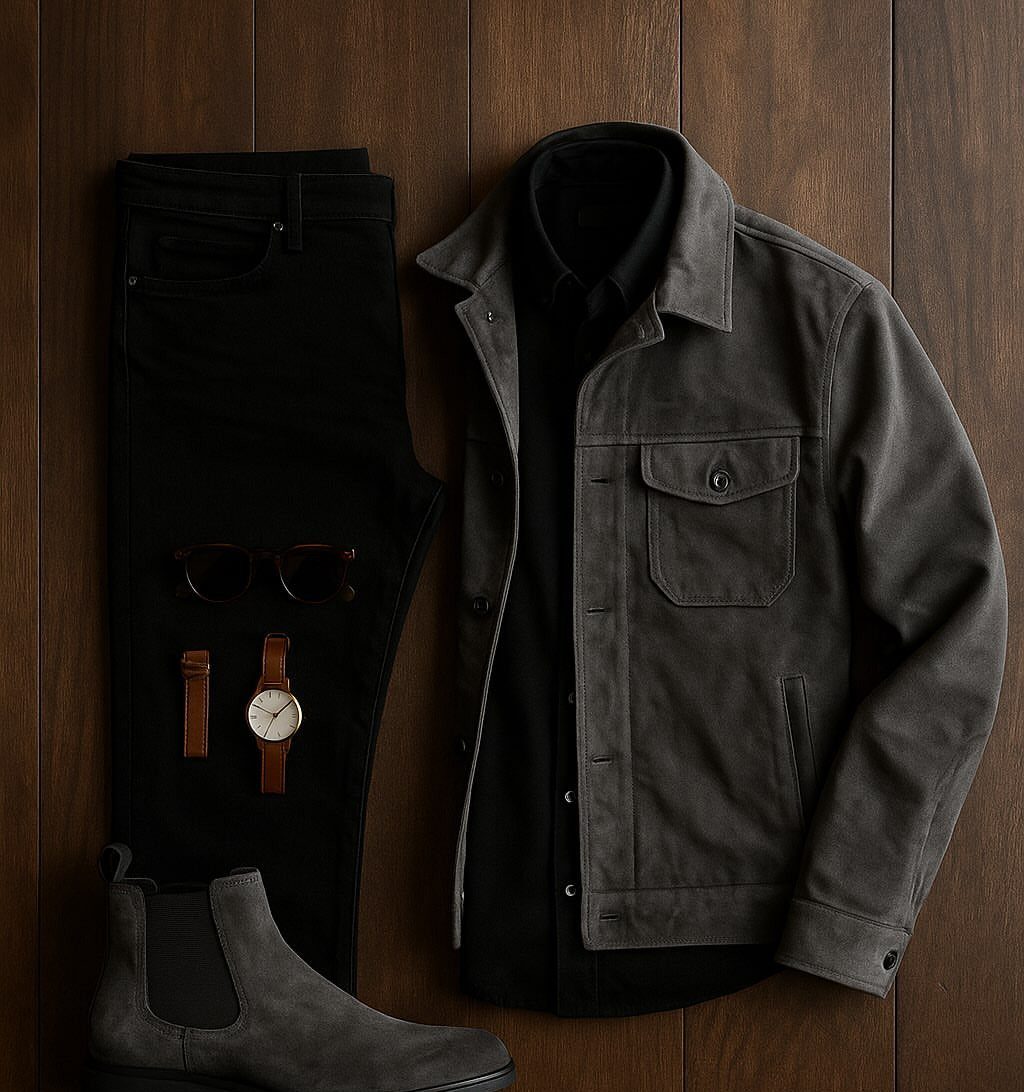 Men's casual dress outfit featuring a grey jacket, black shirt, and black trousers.