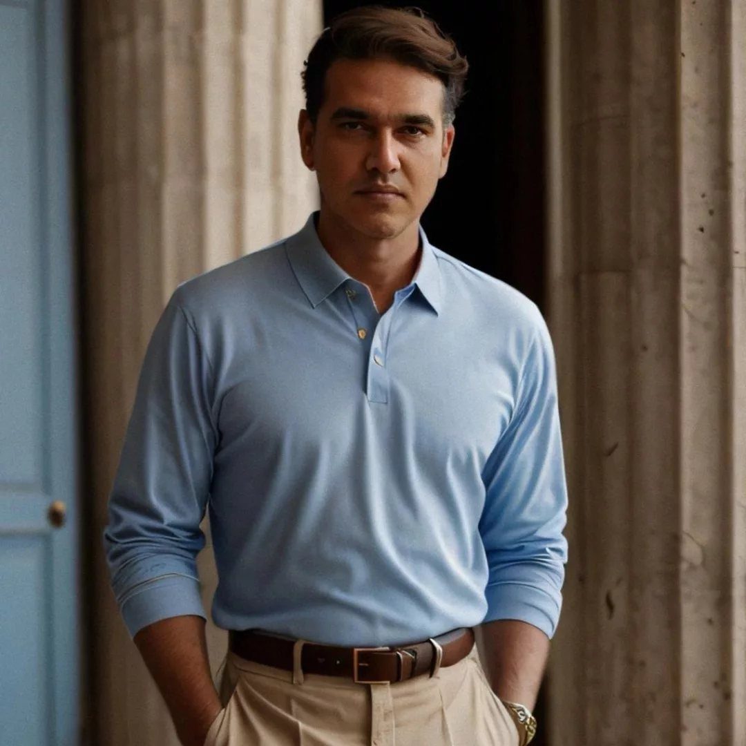 Man in a light blue polo shirt and beige trousers standing by columns.