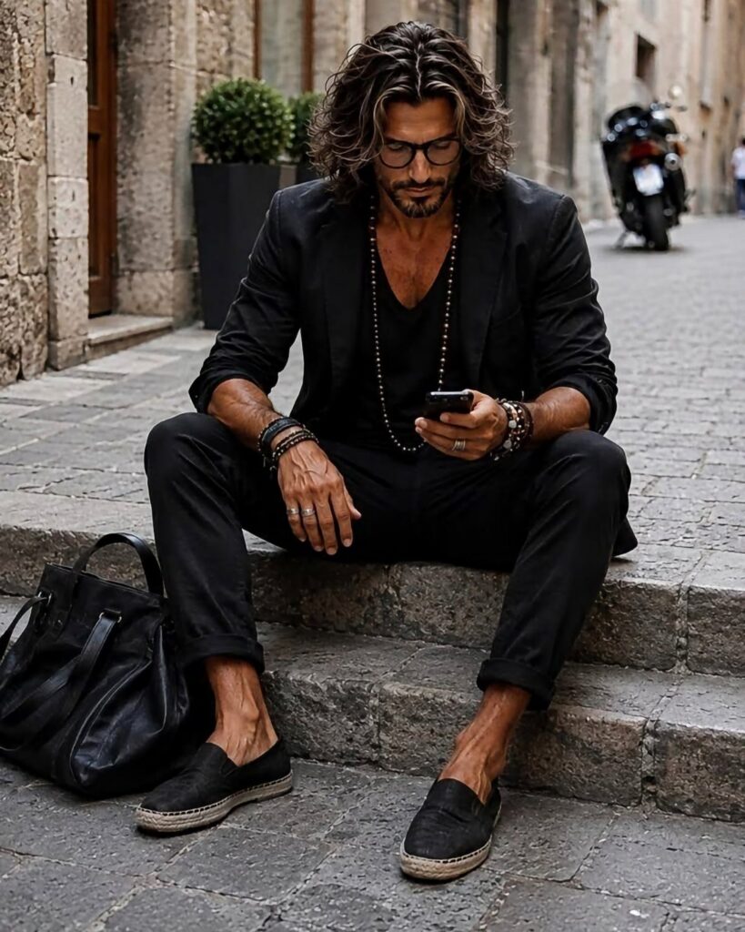 Man in all-black monochrome outfit sitting on stone steps in an outdoor setting