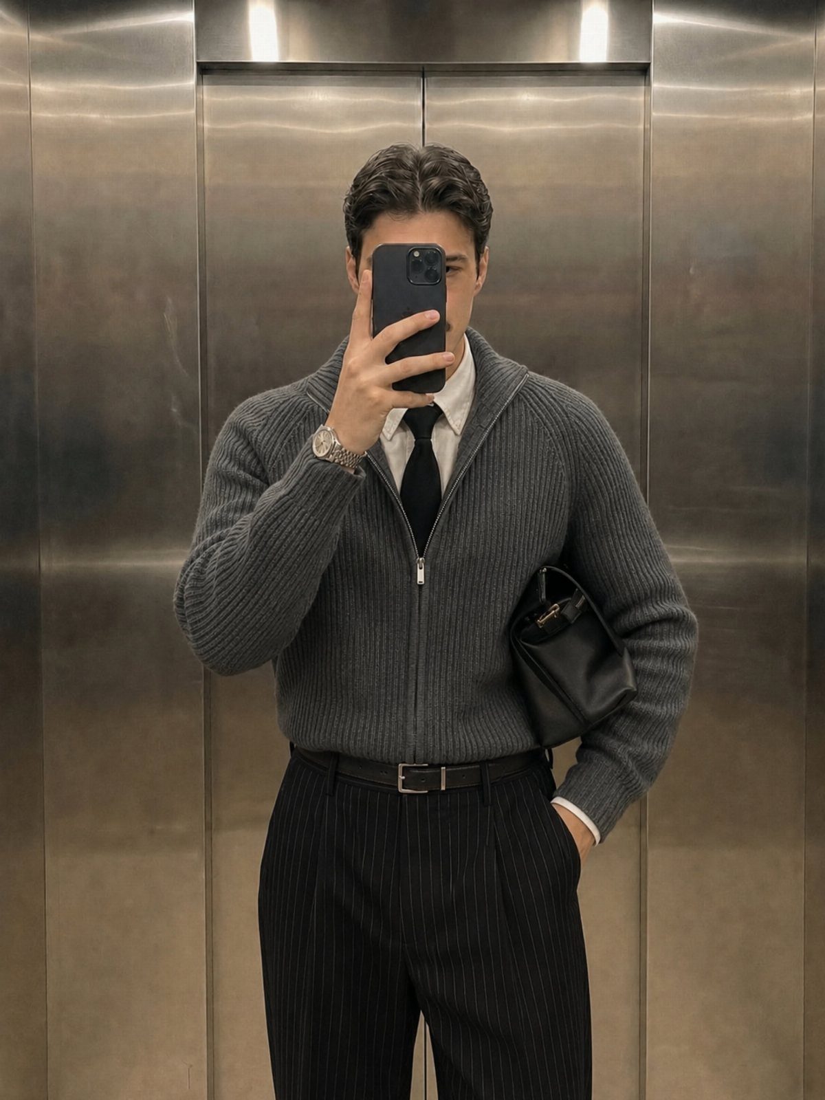 Man in grey zip-up cardigan and black pinstripe pants taking a mirror selfie.