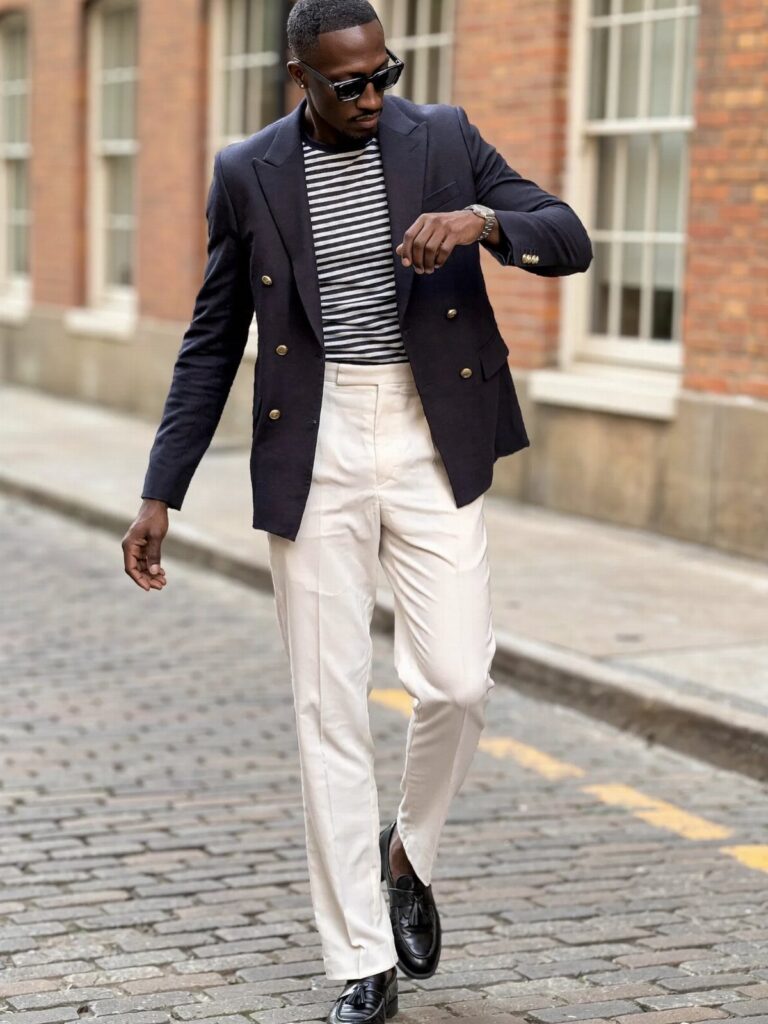 Man in navy blazer and striped shirt wearing white trousers on cobblestone street