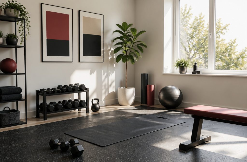 Bright home gym with yoga mat and weights neatly arranged.