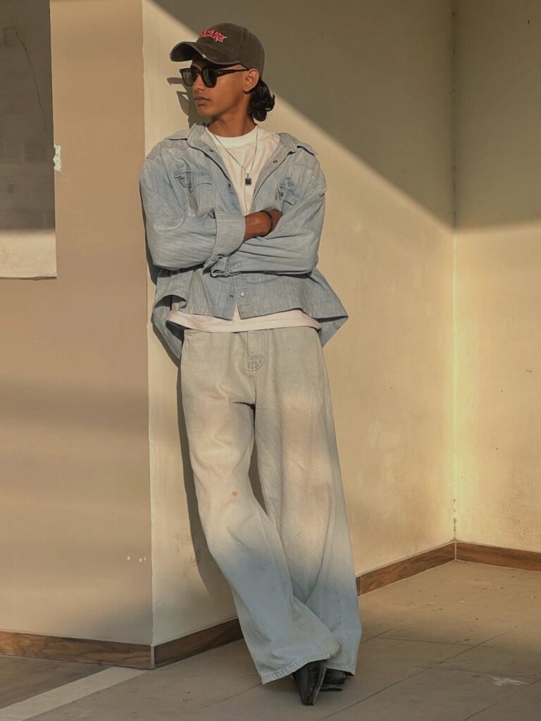 Person wearing a light blue denim shirt and wide-leg off-white jeans leaning against wall.